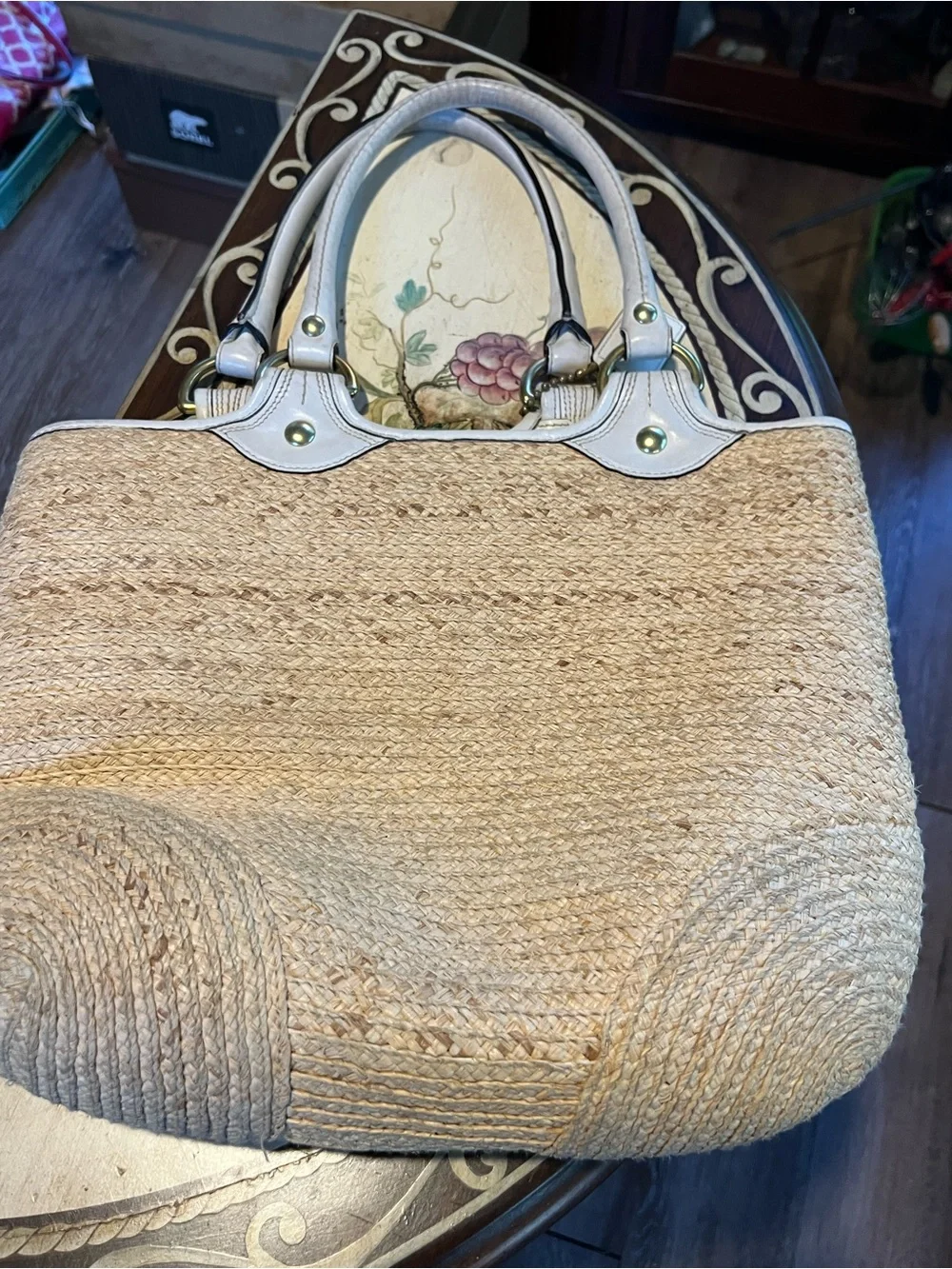 Coach Bleecker Straw Tote with White Leather Trim and Floral Accent